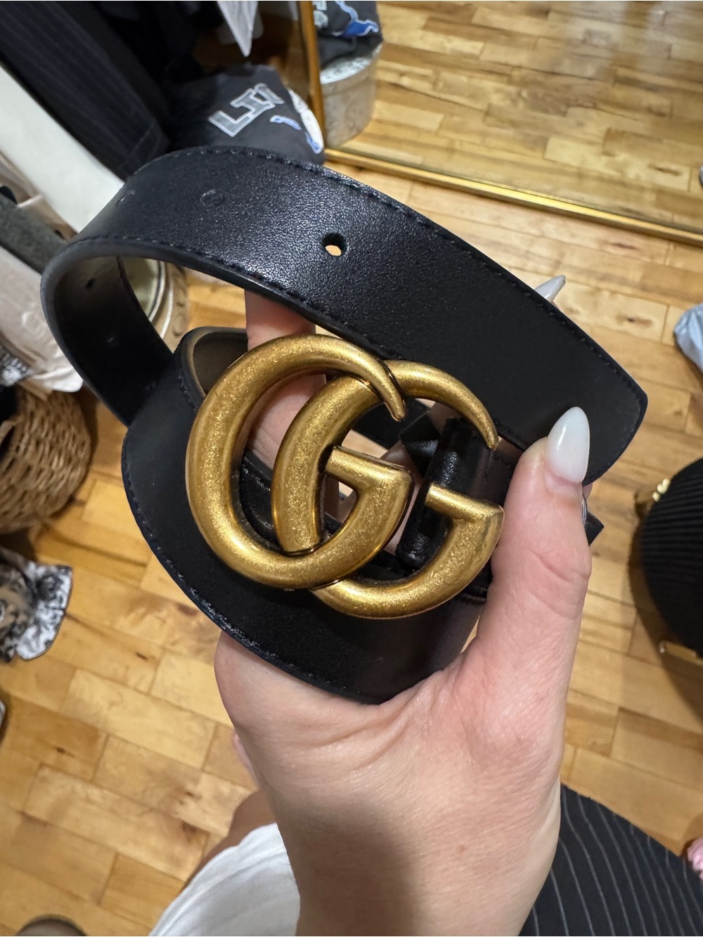 Black Leather Belt with Antiqued Gold Double G Buckle